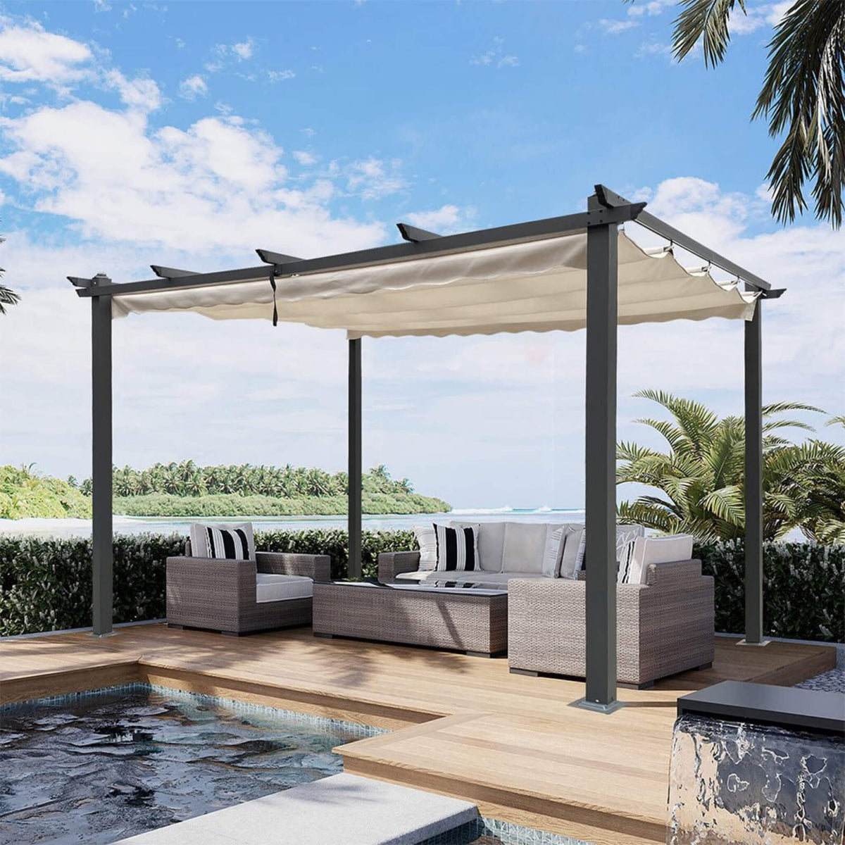 [10X13FT] Alora Large Outdoor Patio Pergola With Canopy & Retractable Sun Shades, Beige (SAK51842) - The Vitality Estate