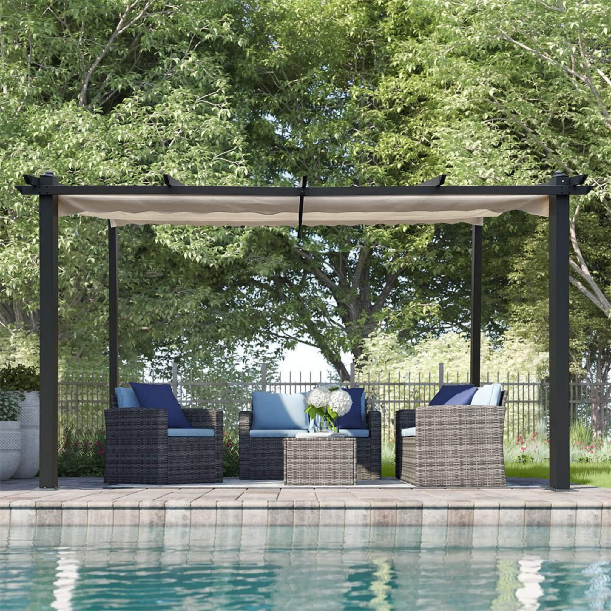 [10X13FT] Alora Large Outdoor Patio Pergola With Canopy & Retractable Sun Shades, Beige (SAK51842) - The Vitality Estate