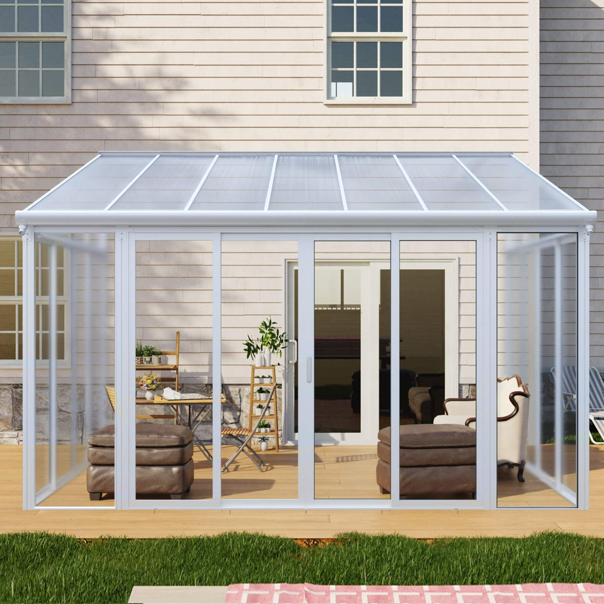 [10X14FT] Alora Lumina Heavy-Duty All-Season Aluminum Alloy Patio Sunroom With 3 Lockable Sliding Doors (SAK62713) - The Vitality Estate