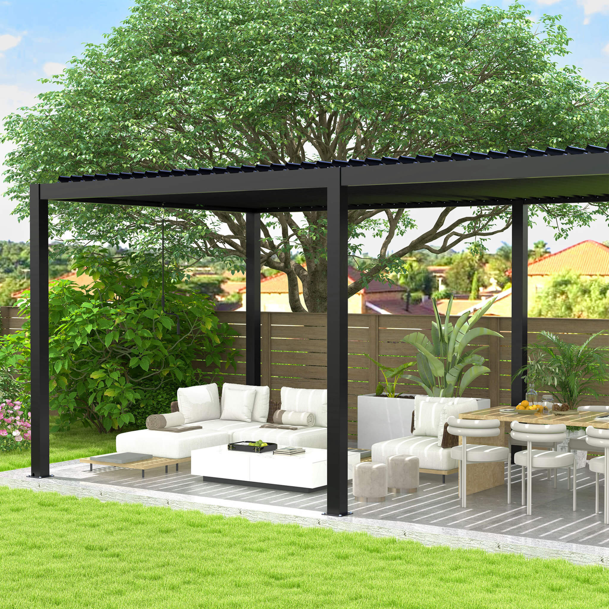 [10X19FT] Alora Modern Durable All-Weather Outdoor Pergola With Aluminum Frame And Steel Louvers (SAK32691) - The Vitality Estate