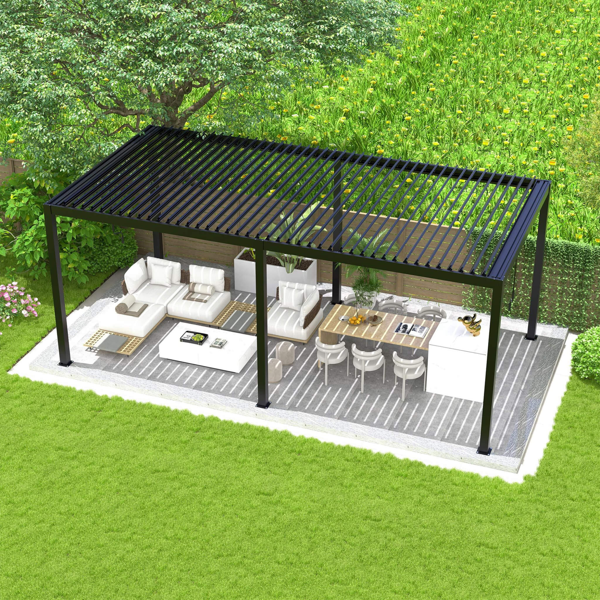 [10X19FT] Alora Modern Durable All-Weather Outdoor Pergola With Aluminum Frame And Steel Louvers (SAK32691) - The Vitality Estate