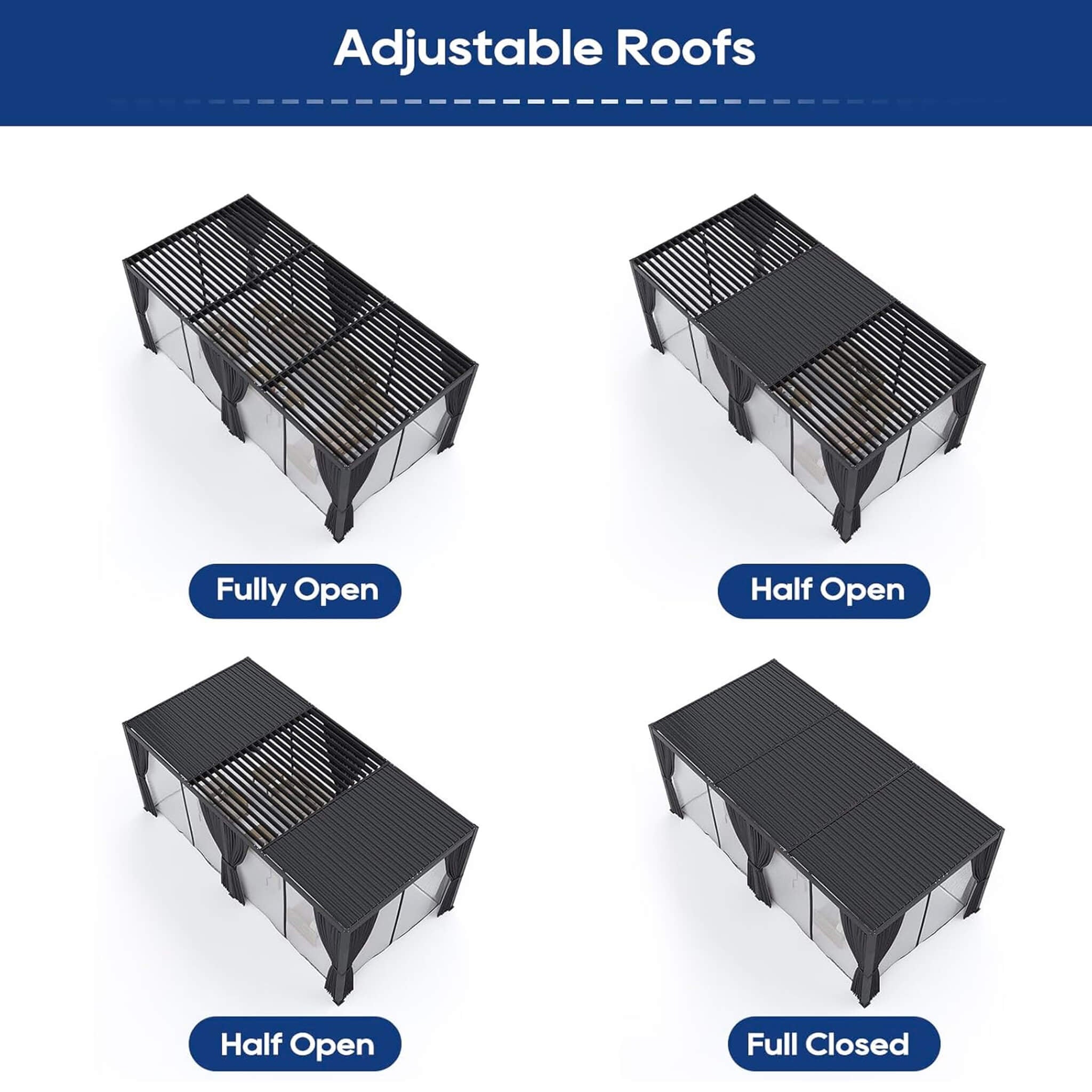 [10X20FT] Alora Premium Louvered Pergola With Curtains And Netting (SAK67041) - The Vitality Estate