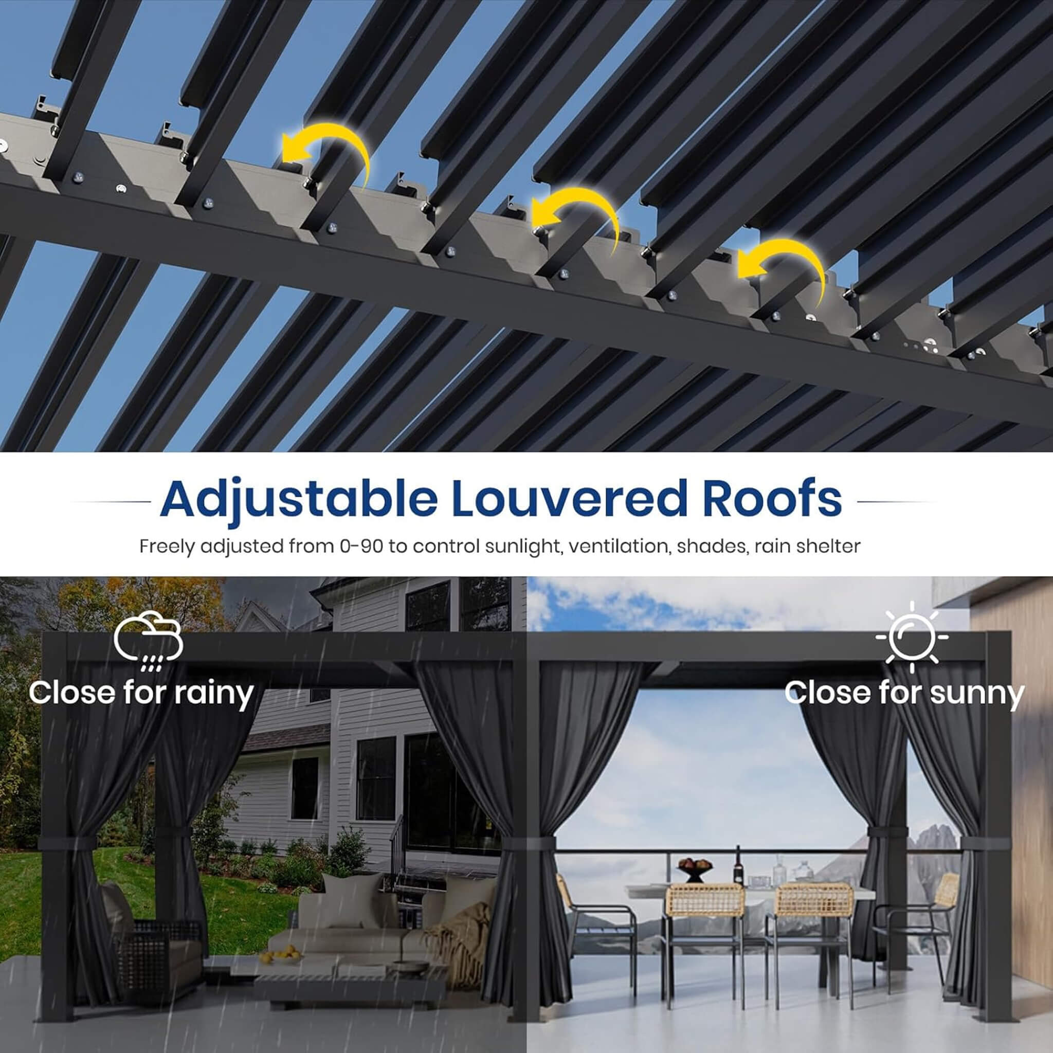[10X20FT] Alora Premium Louvered Pergola With Curtains And Netting (SAK67041) - The Vitality Estate
