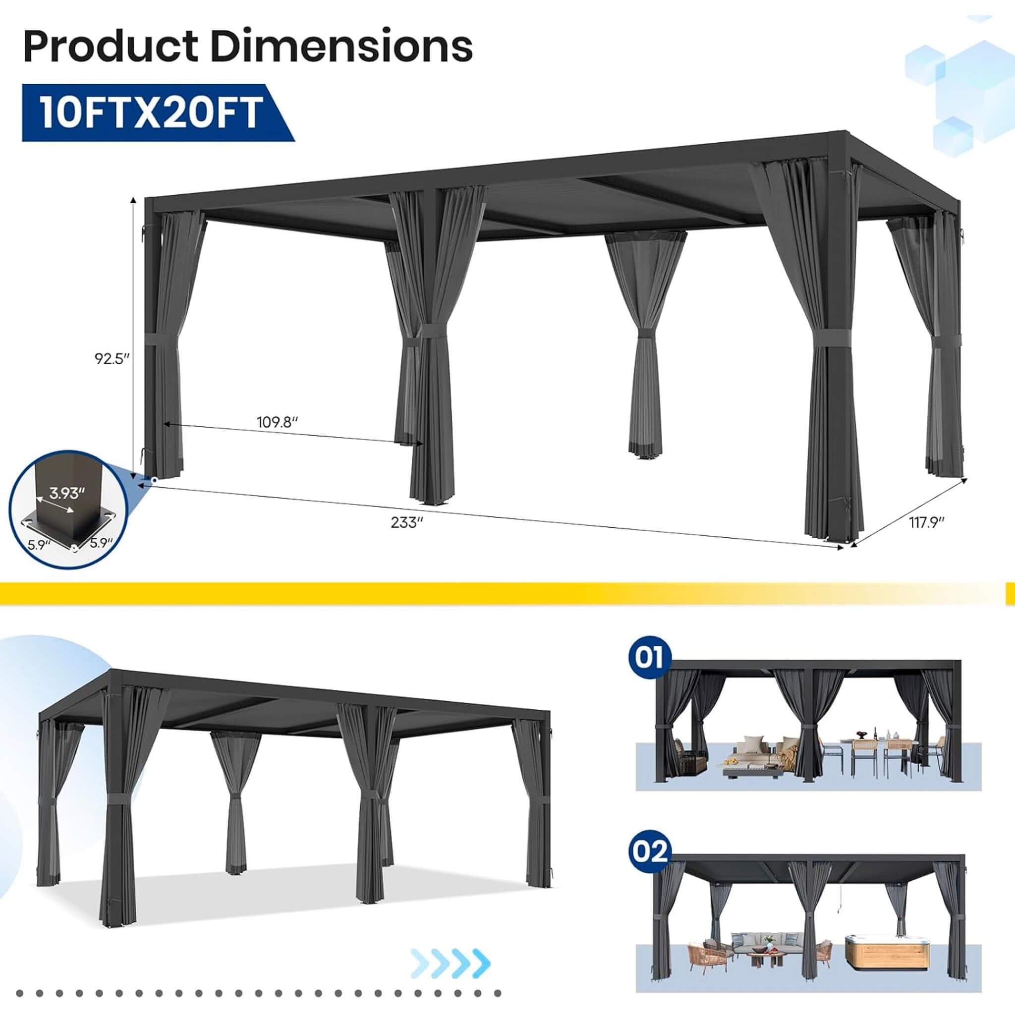 [10X20FT] Alora Premium Louvered Pergola With Curtains And Netting (SAK67041) - The Vitality Estate