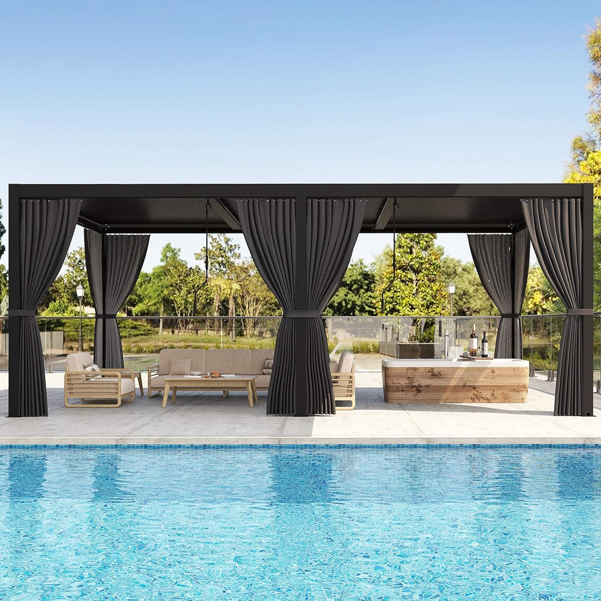 [10X20FT] Alora Premium Louvered Pergola With Curtains And Netting (SAK67041) - The Vitality Estate