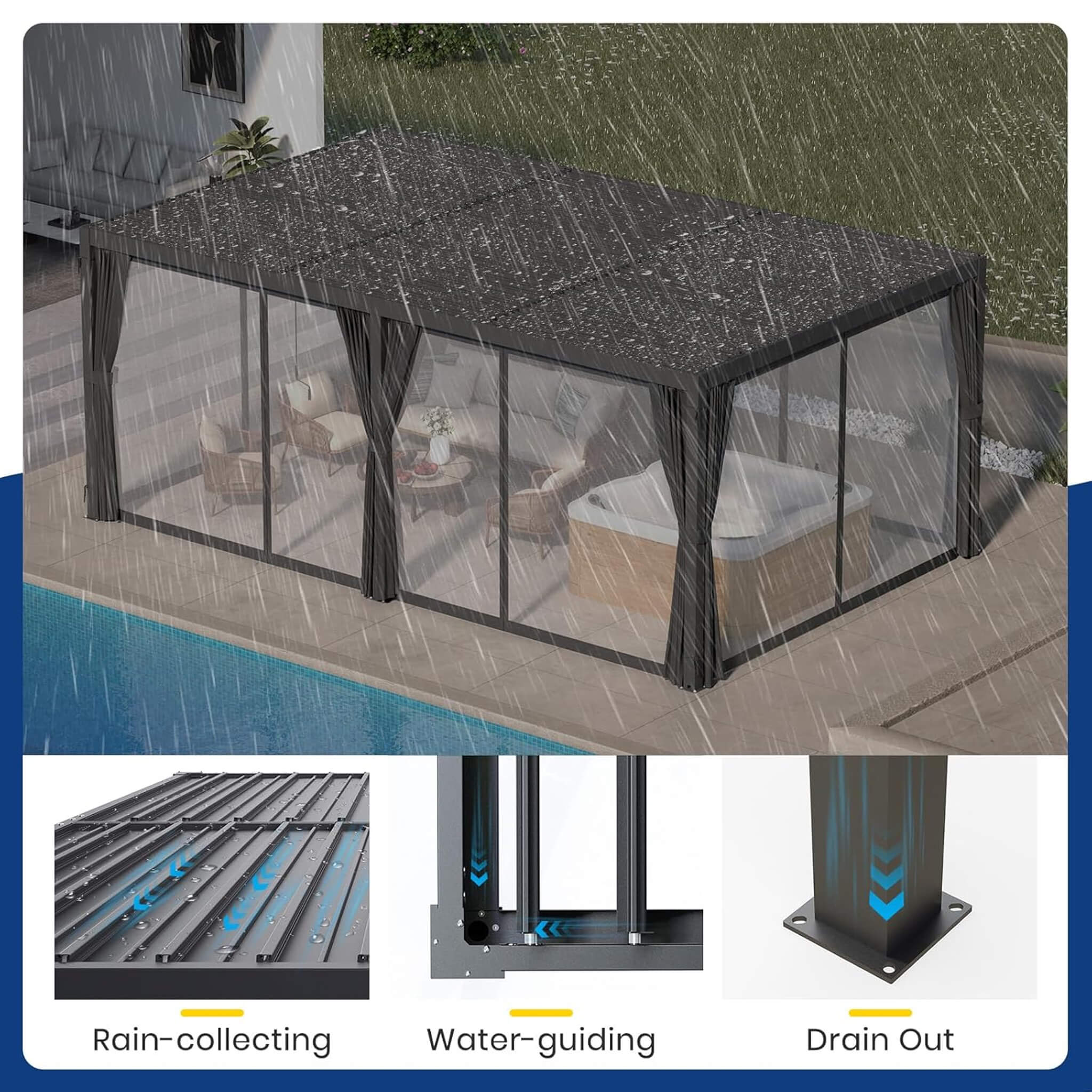 [10X20FT] Alora Premium Louvered Pergola With Curtains And Netting (SAK67041) - The Vitality Estate