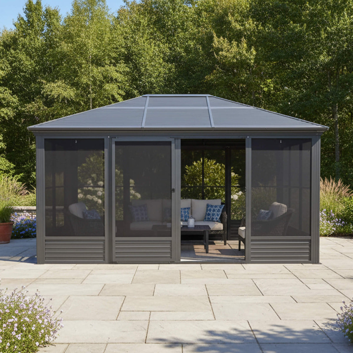 [11X14FT] Alora Meridian Premium Four Season Outdoor Aluminum Hardtop Gazebo Sunroom With Galvanized Steel Roof, Sliding Doors And Movable PVC Screen Walls (SAK88776) - The Vitality Estate