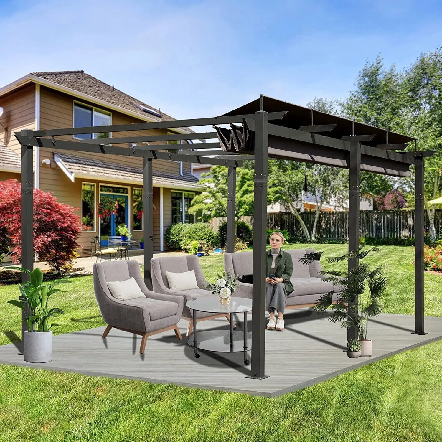 [11X16FT] Outdoor Retractable Backyard Aluminum Metal Pergola Gazebo With Roof (SAK16804) - The Vitality Estate