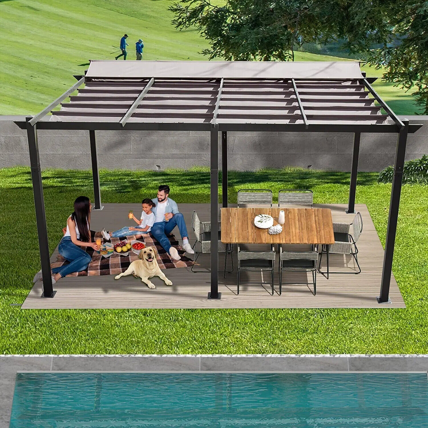 [11X16FT] Outdoor Retractable Backyard Aluminum Metal Pergola Gazebo With Roof (SAK16804) - The Vitality Estate