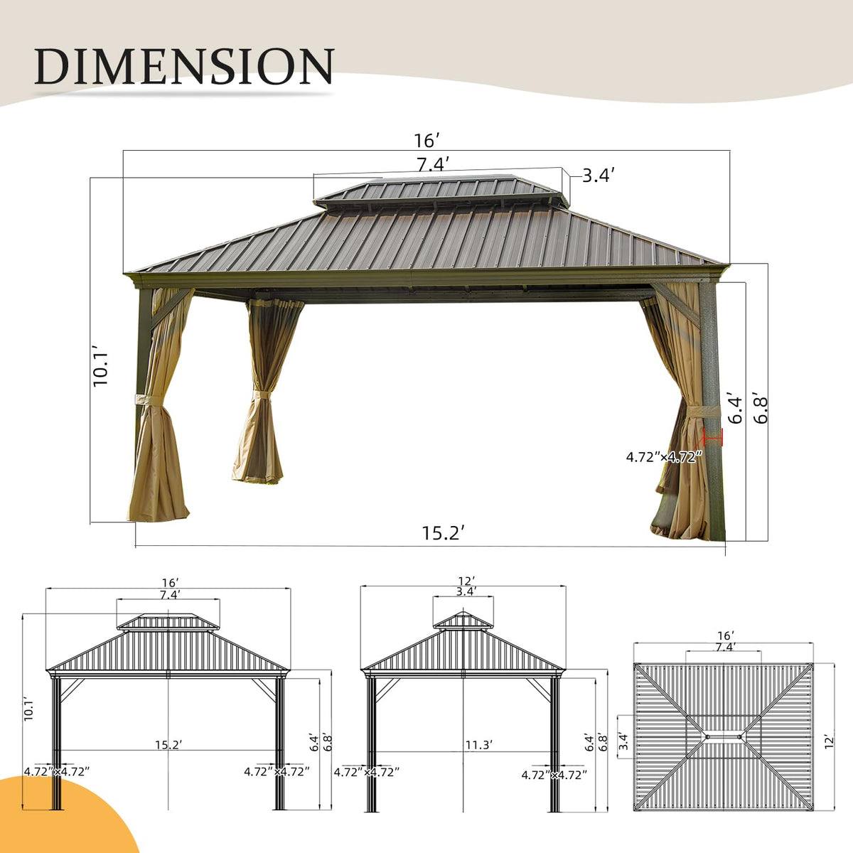 12' x 16' Hardtop Gazebo Outdoor Aluminum Gazebo with Double Canopy - The Vitality Estate