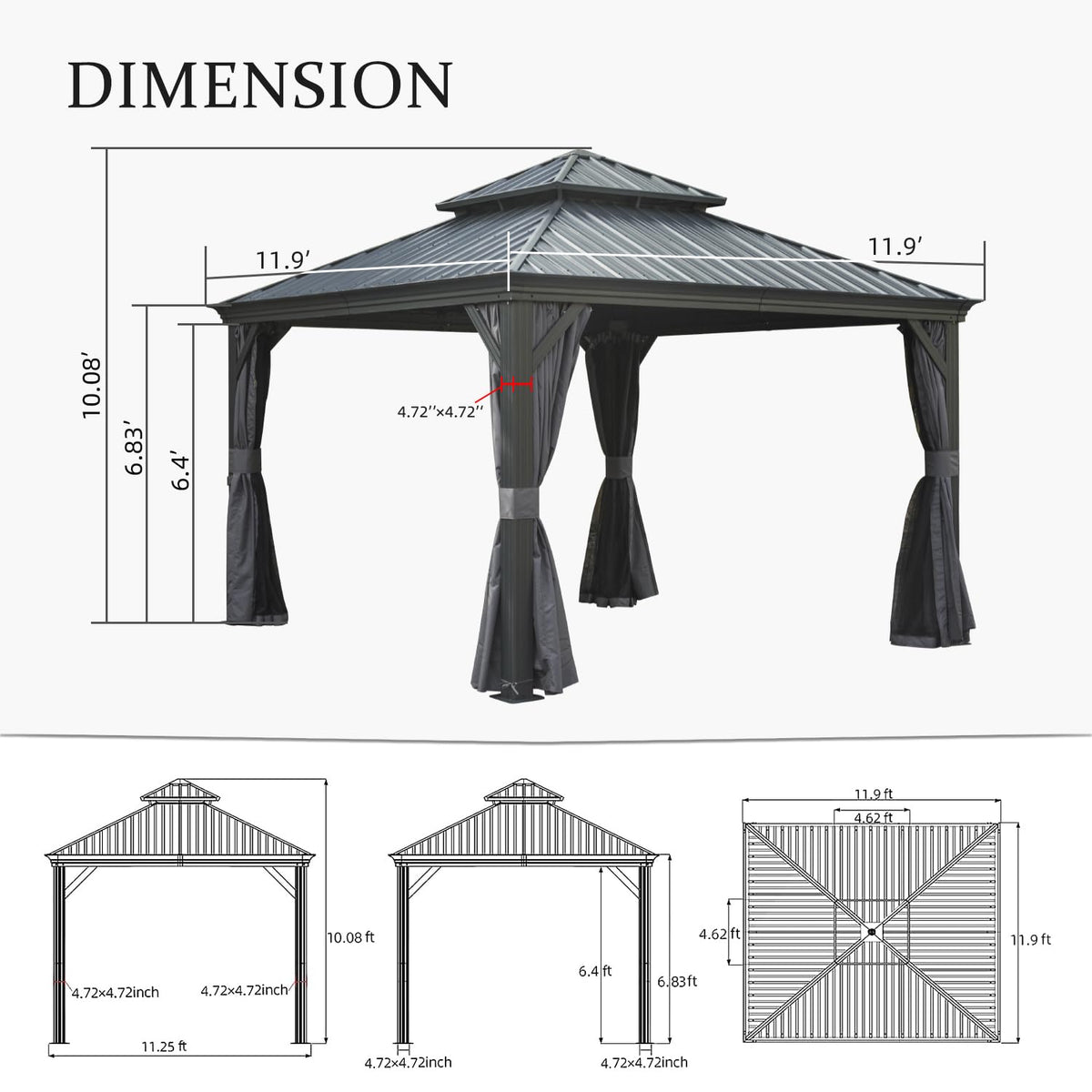 12'x12' Hardtop Gazebo Canopy with Galvanized Steel Double Roof - The Vitality Estate