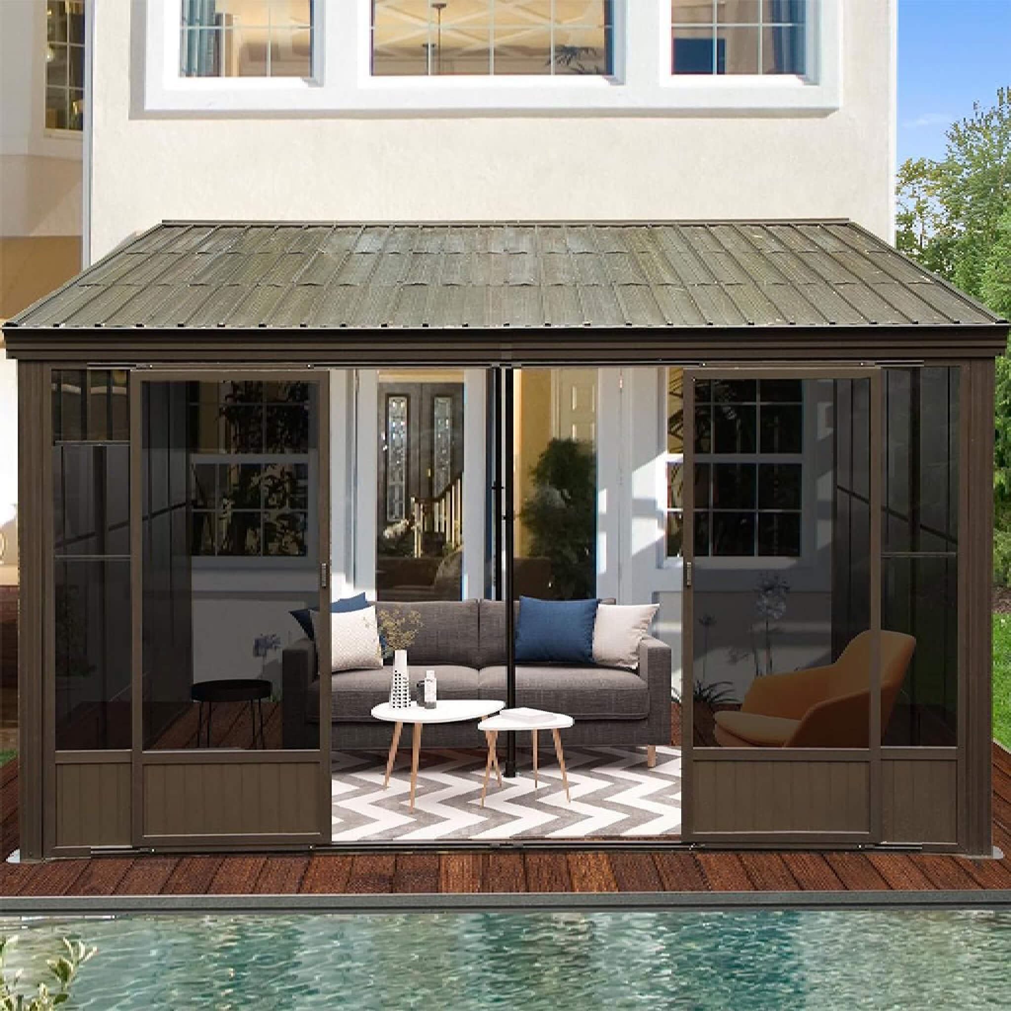 [12X14FT] Alora Haven Large Outdoor All-Season Wall-Mounted Sunroom With Galvanized Steel Roof & Moveable PVC Screen (SAK46475) - The Vitality Estate
