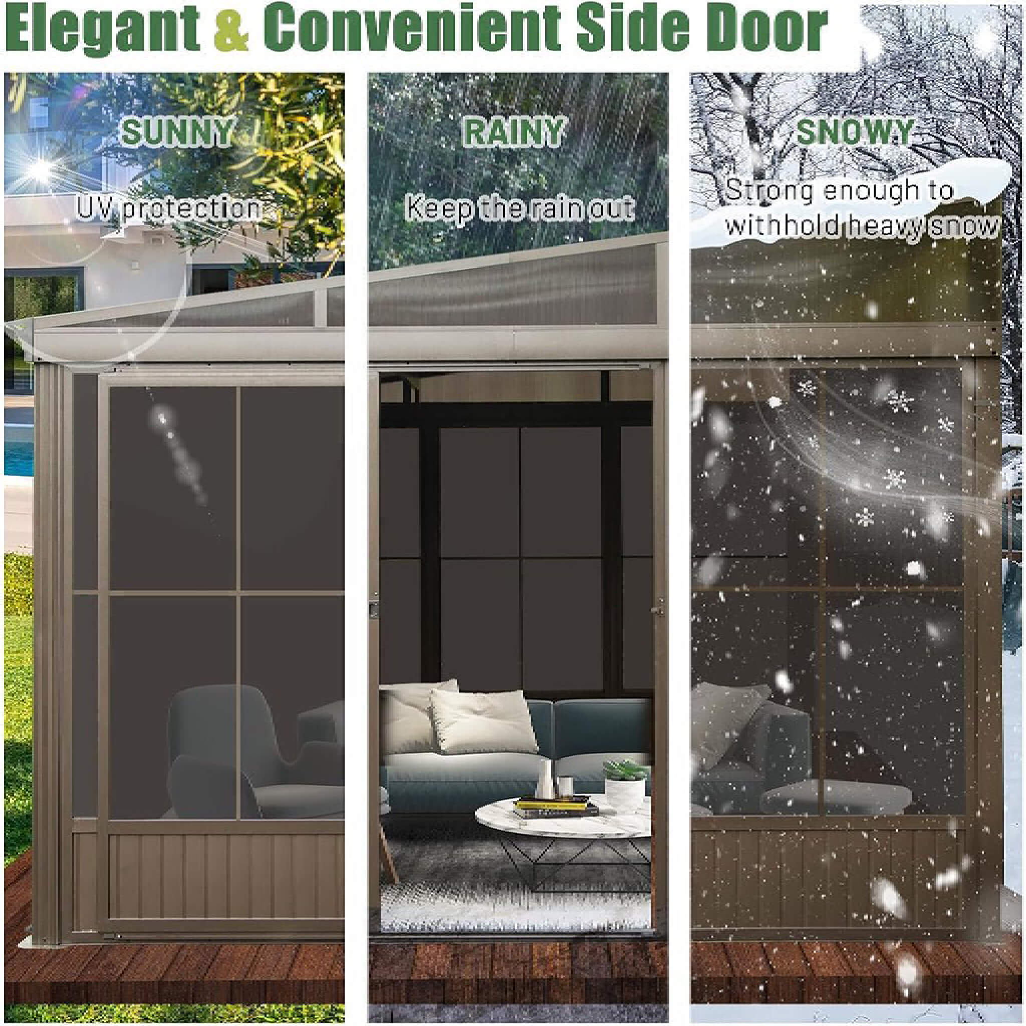[12X14FT] Alora Haven Large Outdoor All-Season Wall-Mounted Sunroom With Galvanized Steel Roof & Moveable PVC Screen (SAK46475) - The Vitality Estate