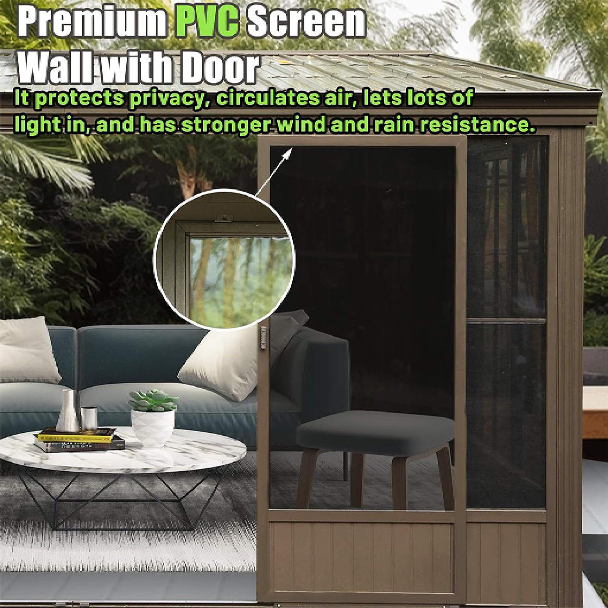 [12X14FT] Alora Haven Large Outdoor All-Season Wall-Mounted Sunroom With Galvanized Steel Roof & Moveable PVC Screen (SAK46475) - The Vitality Estate