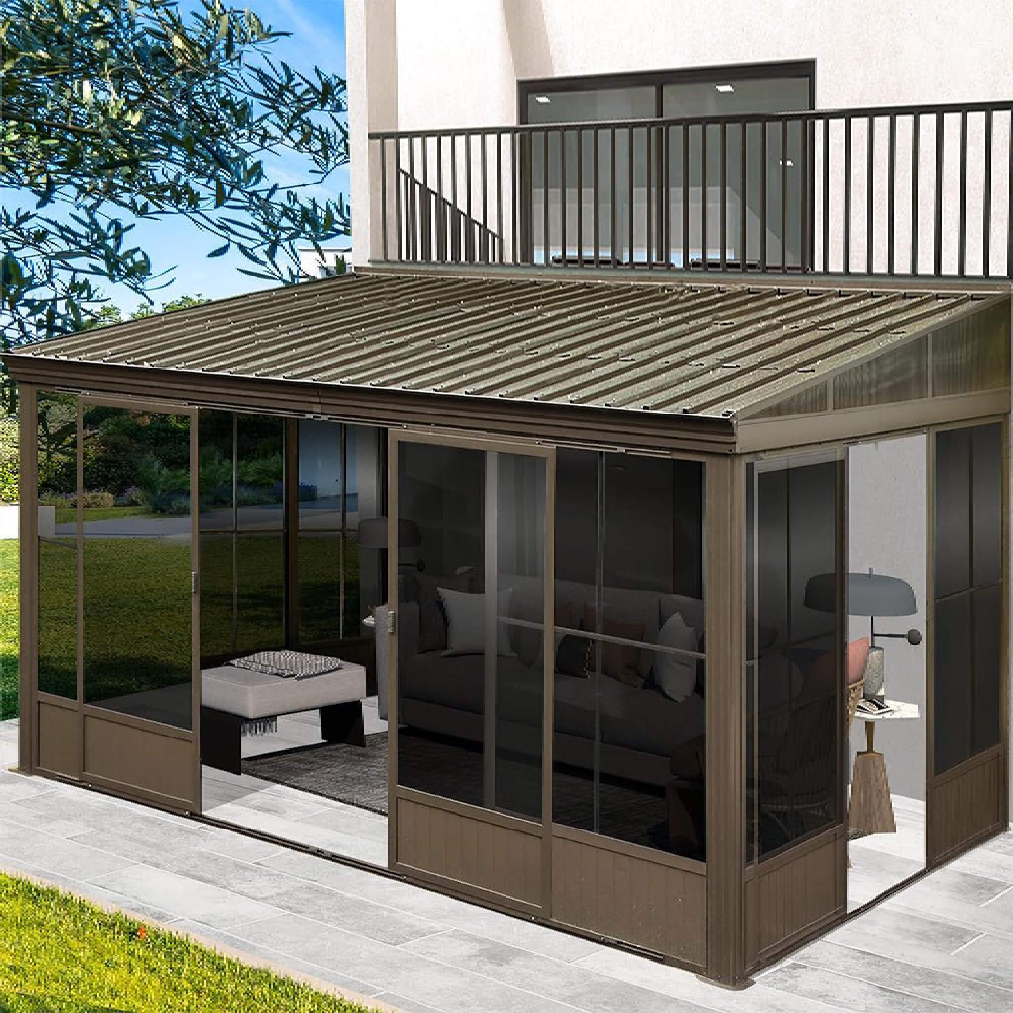 [12X14FT] Alora Haven Large Outdoor All-Season Wall-Mounted Sunroom With Galvanized Steel Roof & Moveable PVC Screen (SAK46475) - The Vitality Estate