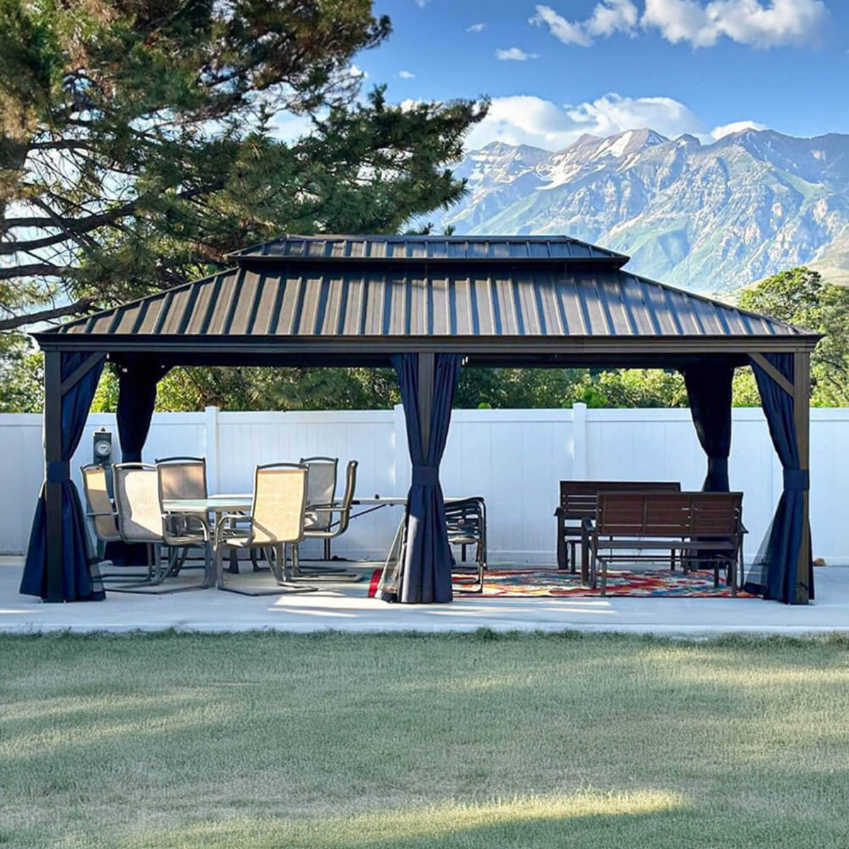 [12X20FT] Alora Heavy-Duty Outdoor Backyard Hardtop Gazebo With Netting And Curtains (SAK18352) - The Vitality Estate