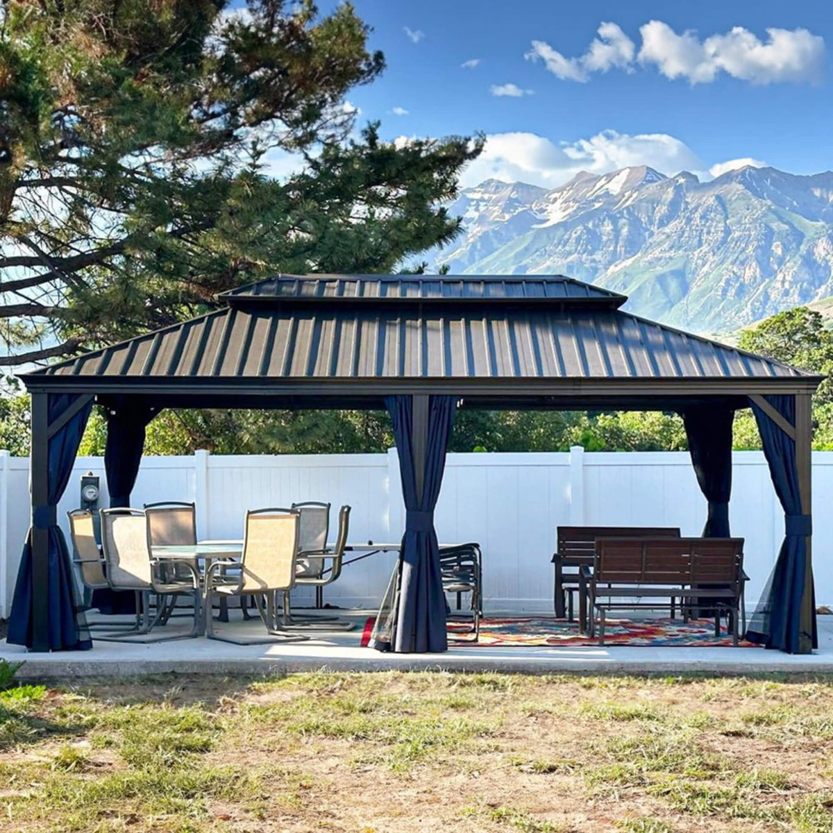 [12X20FT] Alora Heavy-Duty Outdoor Backyard Hardtop Gazebo With Netting And Curtains (SAK18352) - The Vitality Estate