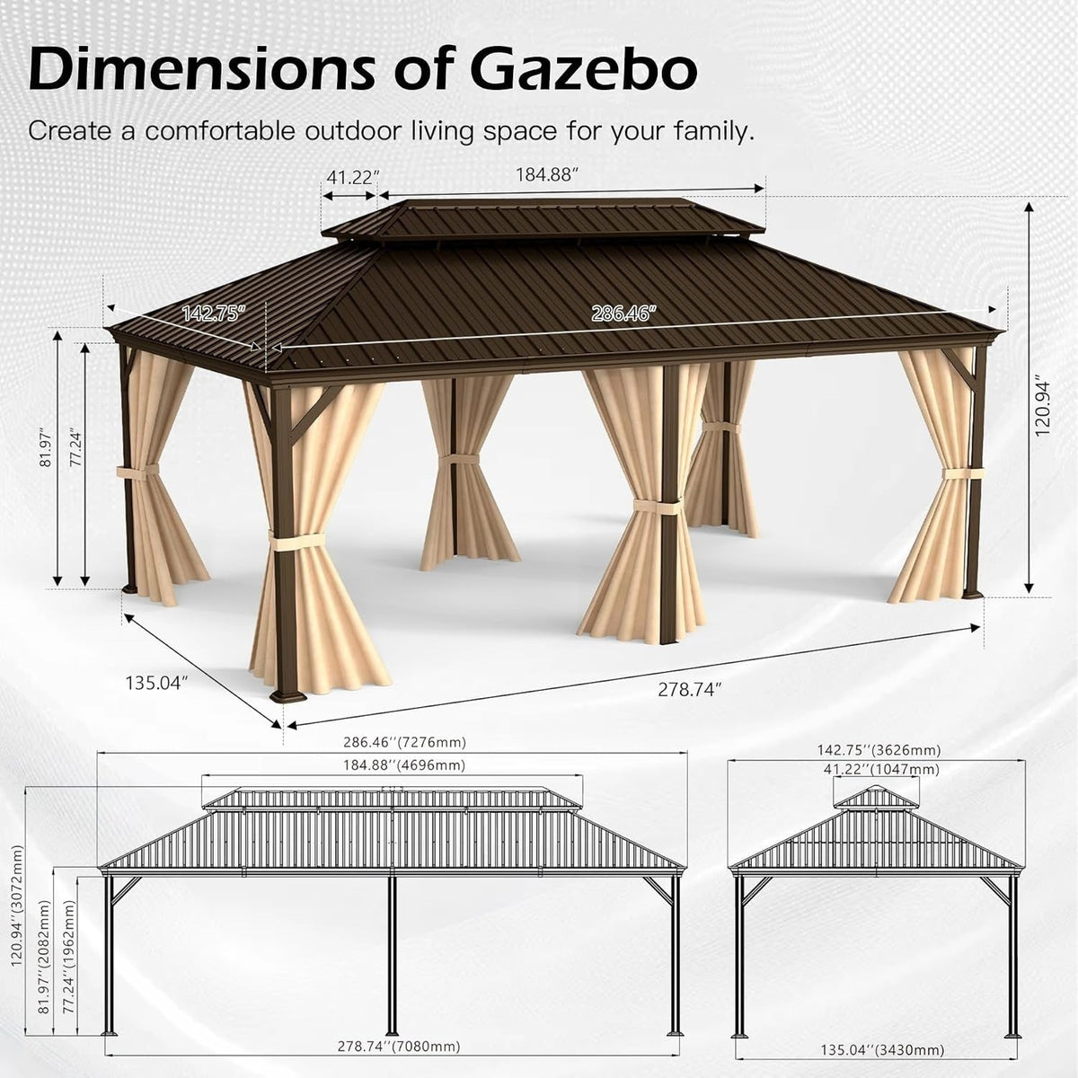 12x24FT Outdoor Gazebo with Galvanized Steel Double Roof - The Vitality Estate