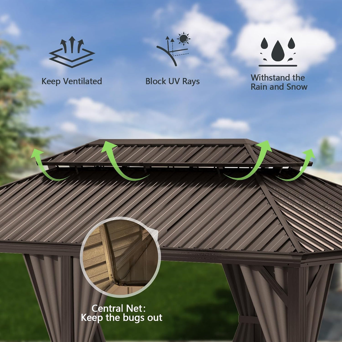 12x24FT Outdoor Gazebo with Galvanized Steel Double Roof - The Vitality Estate