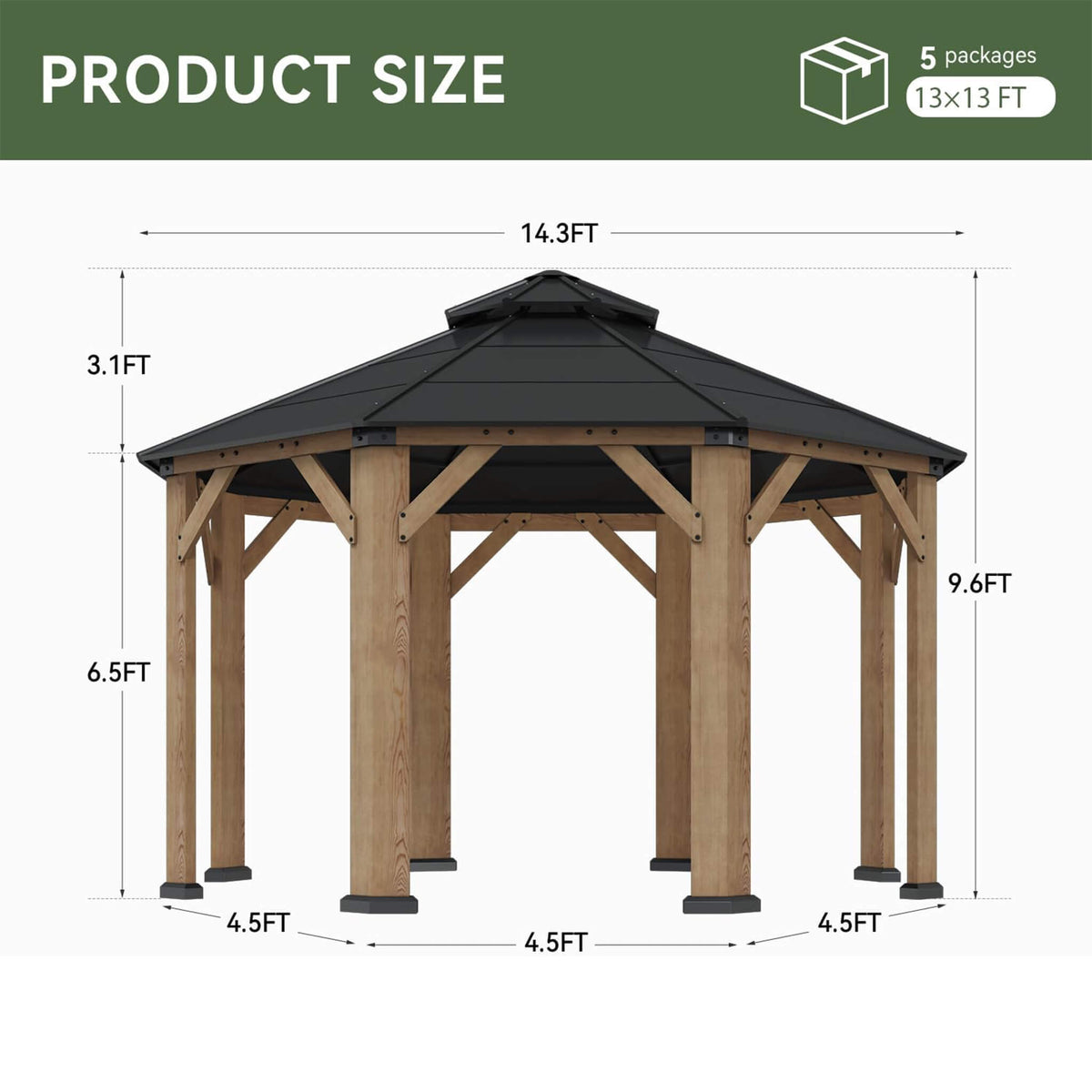 [13X13FT] Alora Cedar Wood Galvanized Steel Octagonal Hardtop Double Roof Gazebo (SAK17468) - The Vitality Estate