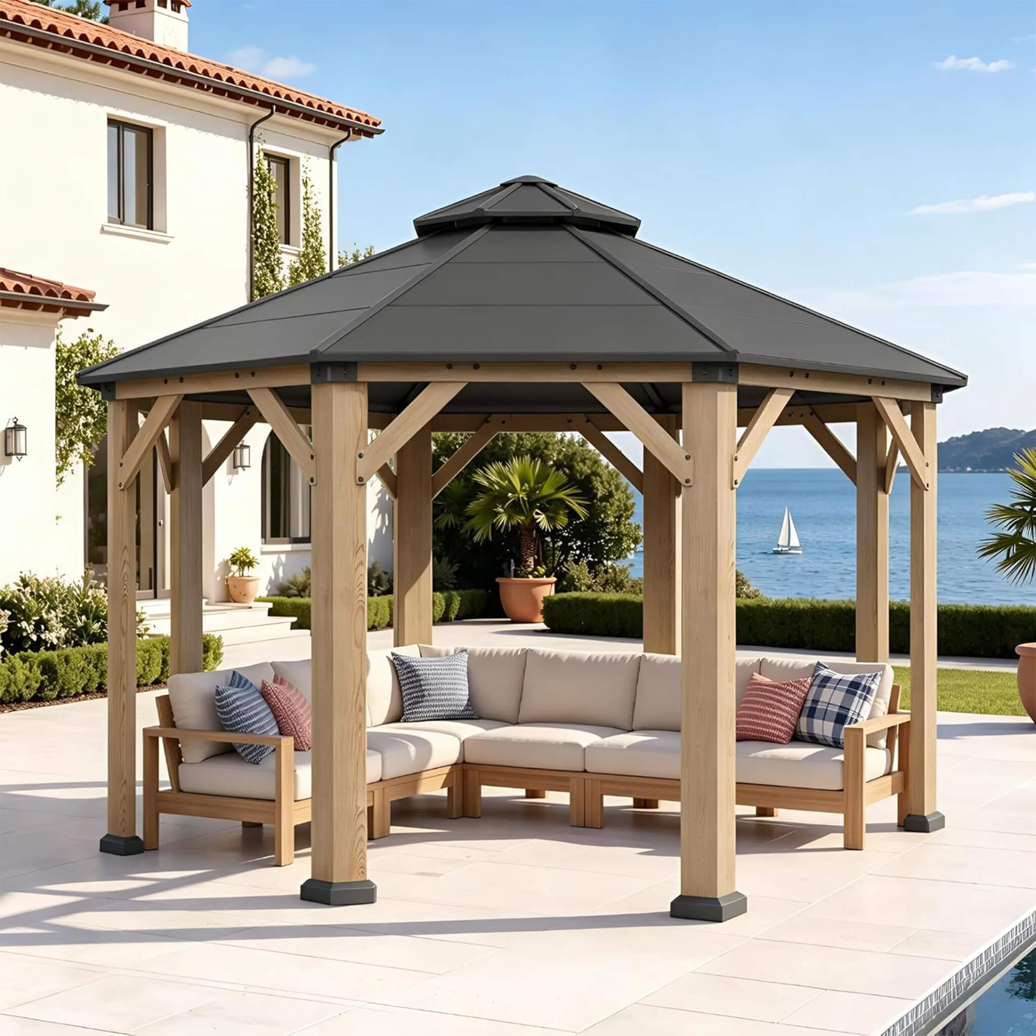 [13X13FT] Alora Cedar Wood Galvanized Steel Octagonal Hardtop Double Roof Gazebo (SAK17468) - The Vitality Estate