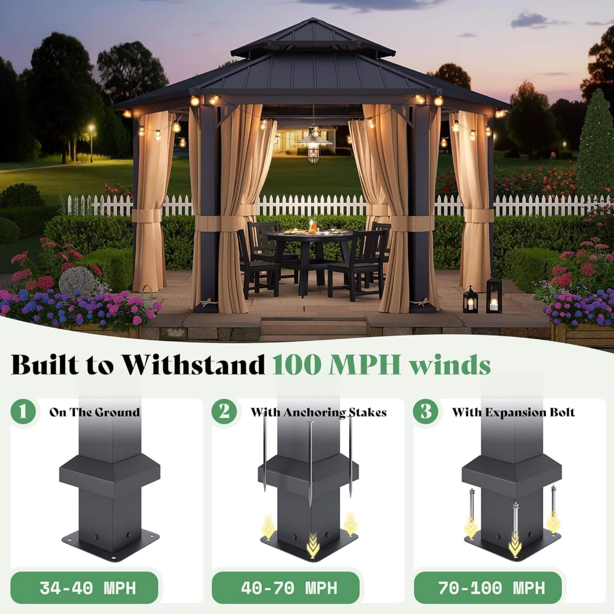 [13X15FT] Alora Double-Tier Hexagonal Metal Hardtop Patio Gazebo With Curtains (SAK84137) - The Vitality Estate