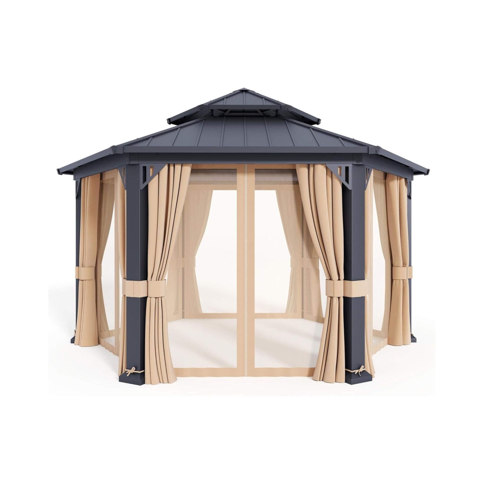 [13X15FT] Alora Double-Tier Hexagonal Metal Hardtop Patio Gazebo With Curtains (SAK84137) - The Vitality Estate