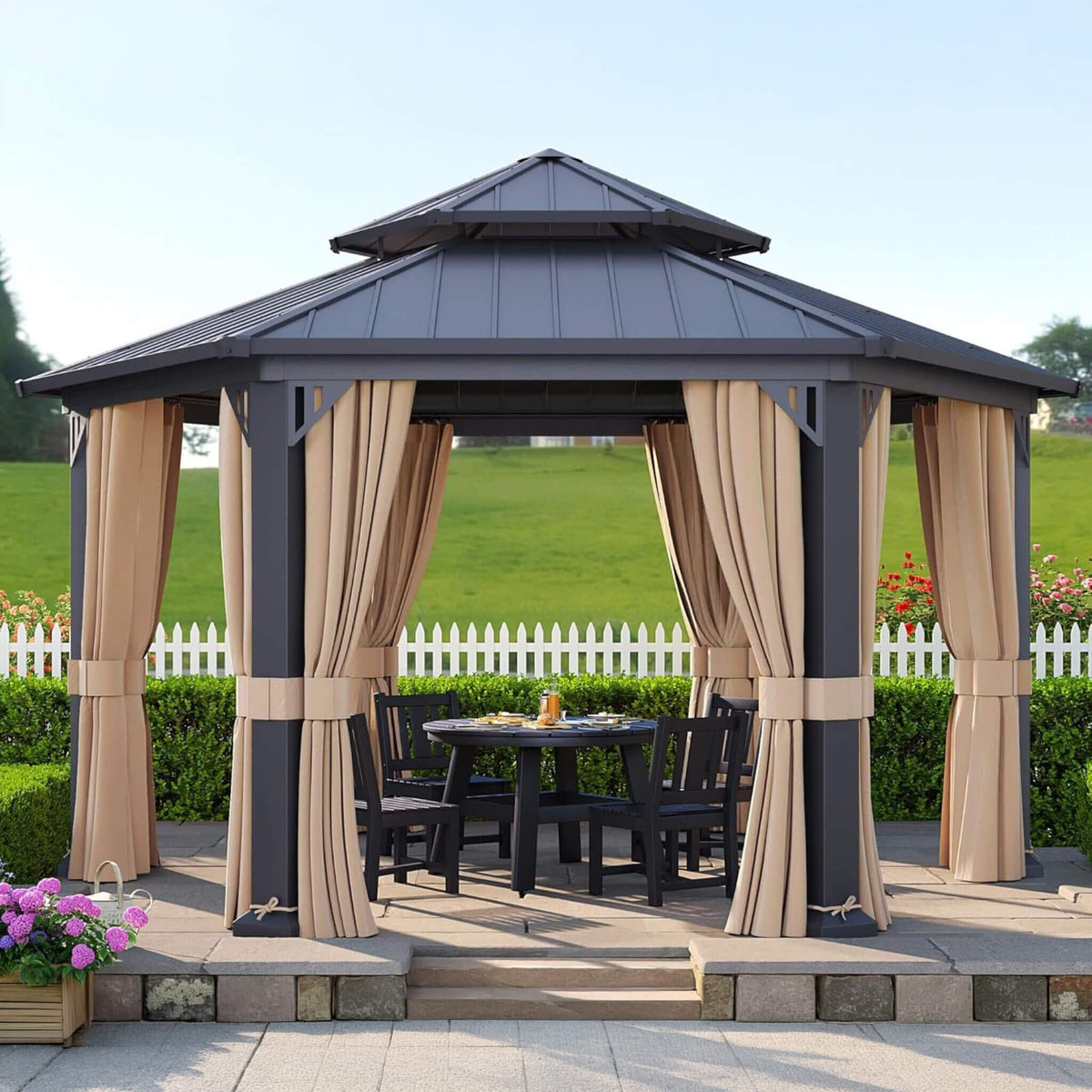 [13X15FT] Alora Double-Tier Hexagonal Metal Hardtop Patio Gazebo With Curtains (SAK84137) - The Vitality Estate