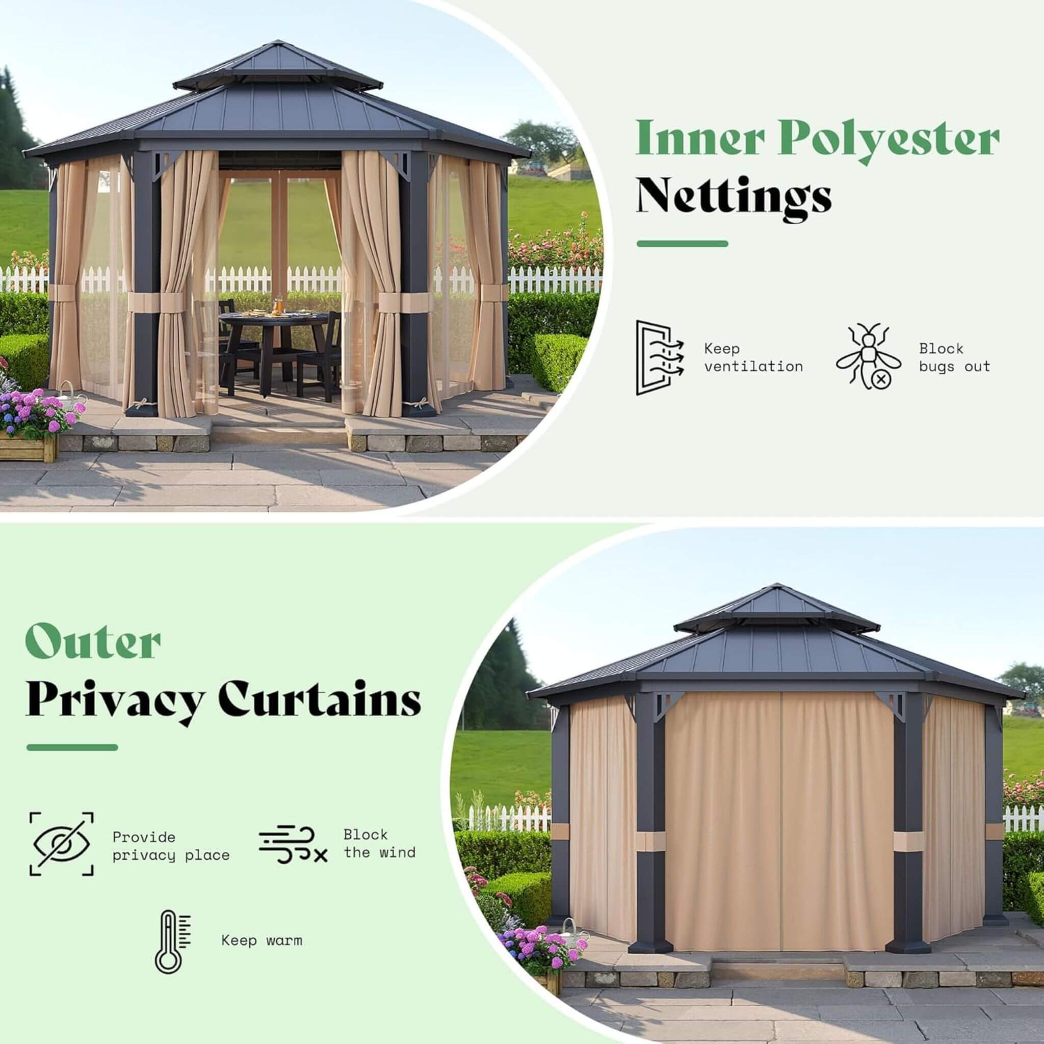 [13X15FT] Alora Double-Tier Hexagonal Metal Hardtop Patio Gazebo With Curtains (SAK84137) - The Vitality Estate