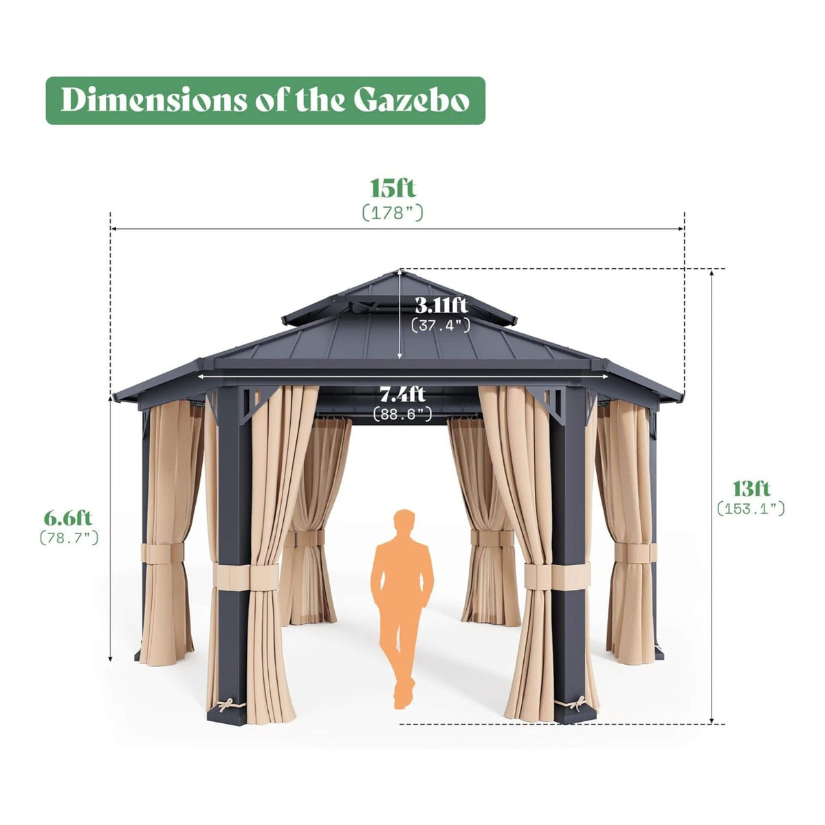 [13X15FT] Alora Double-Tier Hexagonal Metal Hardtop Patio Gazebo With Curtains (SAK84137) - The Vitality Estate