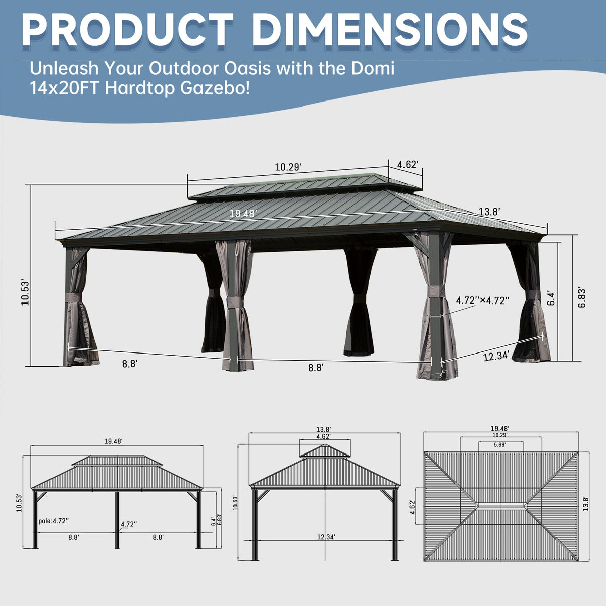14' x 20' Hardtop Gazebo Outdoor Metal Gazebo Canopy - The Vitality Estate