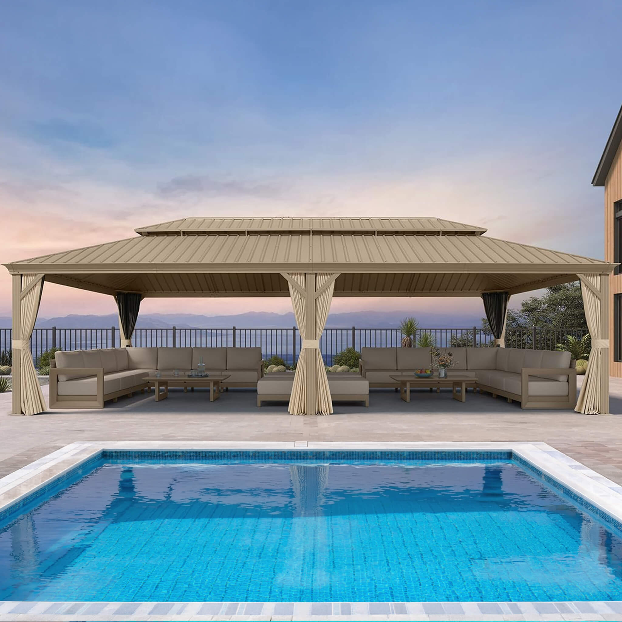 [14X28FT] Alora Extra-Large Hardtop Gazebo With Galvanized Steel Double Roof, Curtains And Netting (SAK85731) - The Vitality Estate
