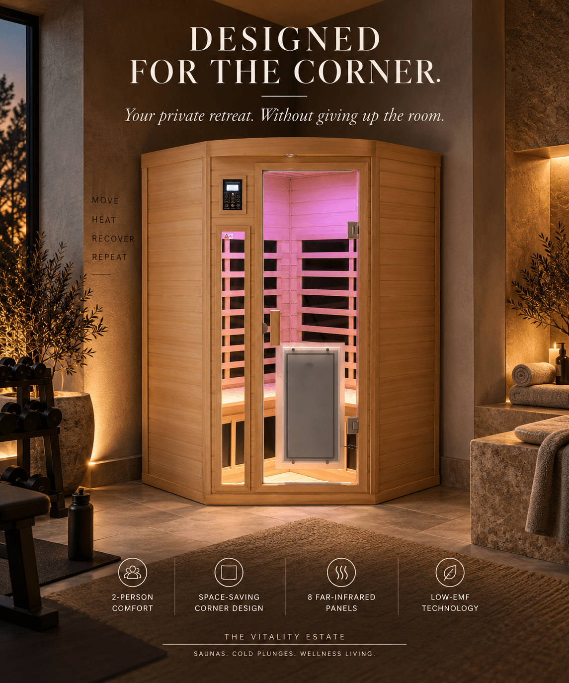 2-Person Corner Low-EMF Hemlock Infrared Sauna - The Vitality Estate