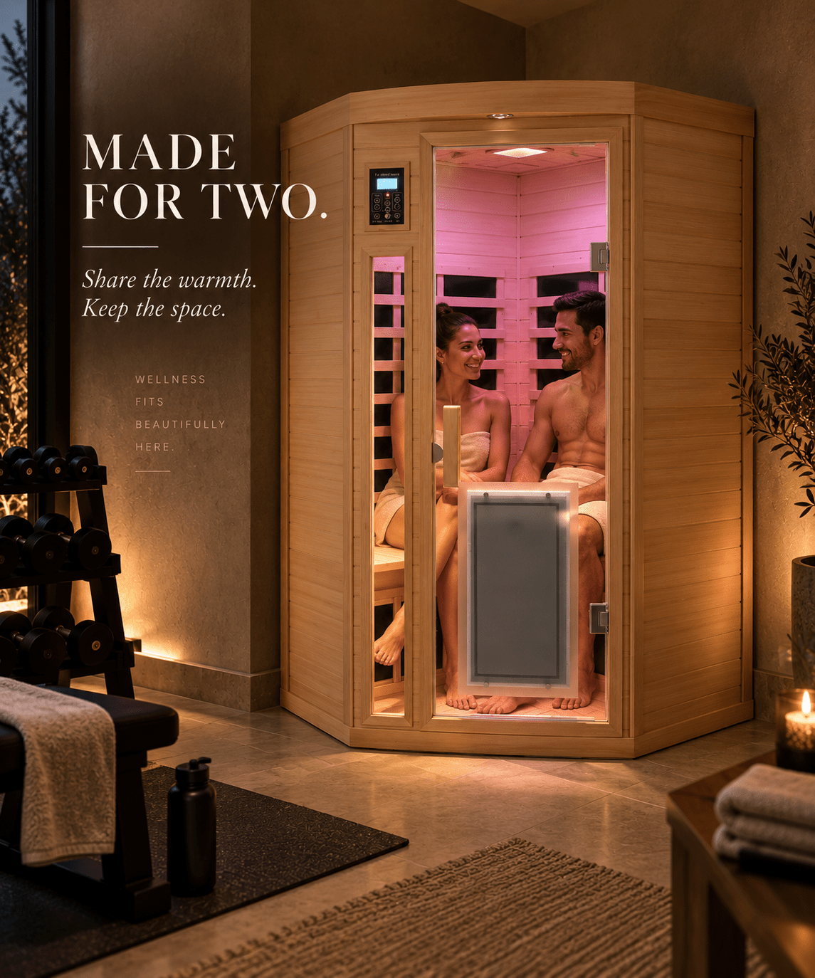 2-Person Corner Low-EMF Hemlock Infrared Sauna - The Vitality Estate
