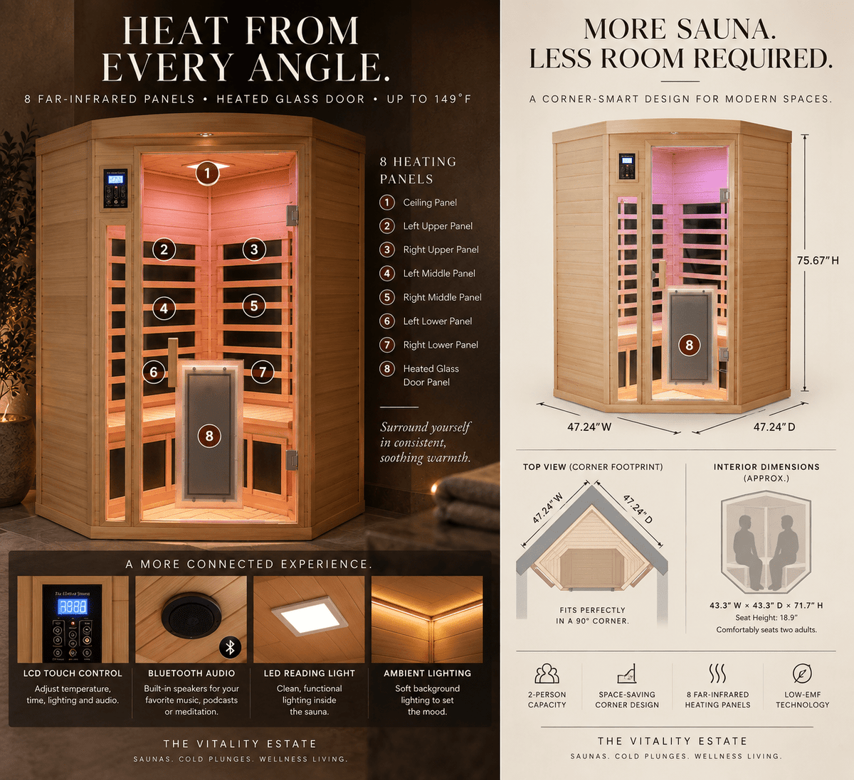2-Person Corner Low-EMF Hemlock Infrared Sauna - The Vitality Estate