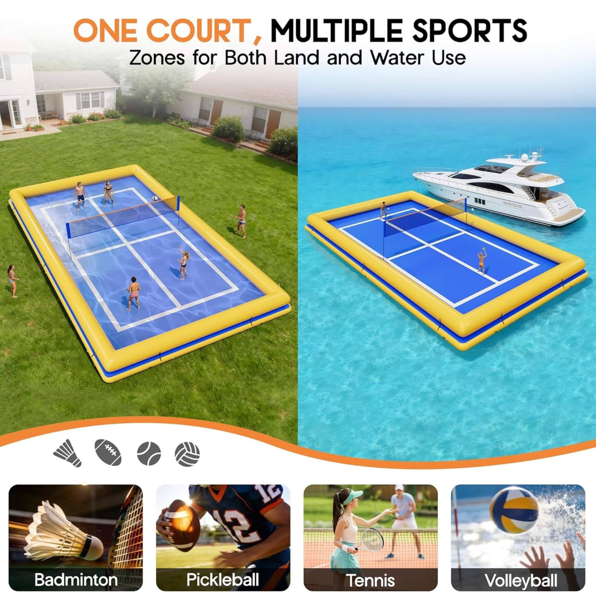 [26X46FT] Inflatable Commercial Floating Pickleball And Volleyball Court With Net (SAK39071) - The Vitality Estate