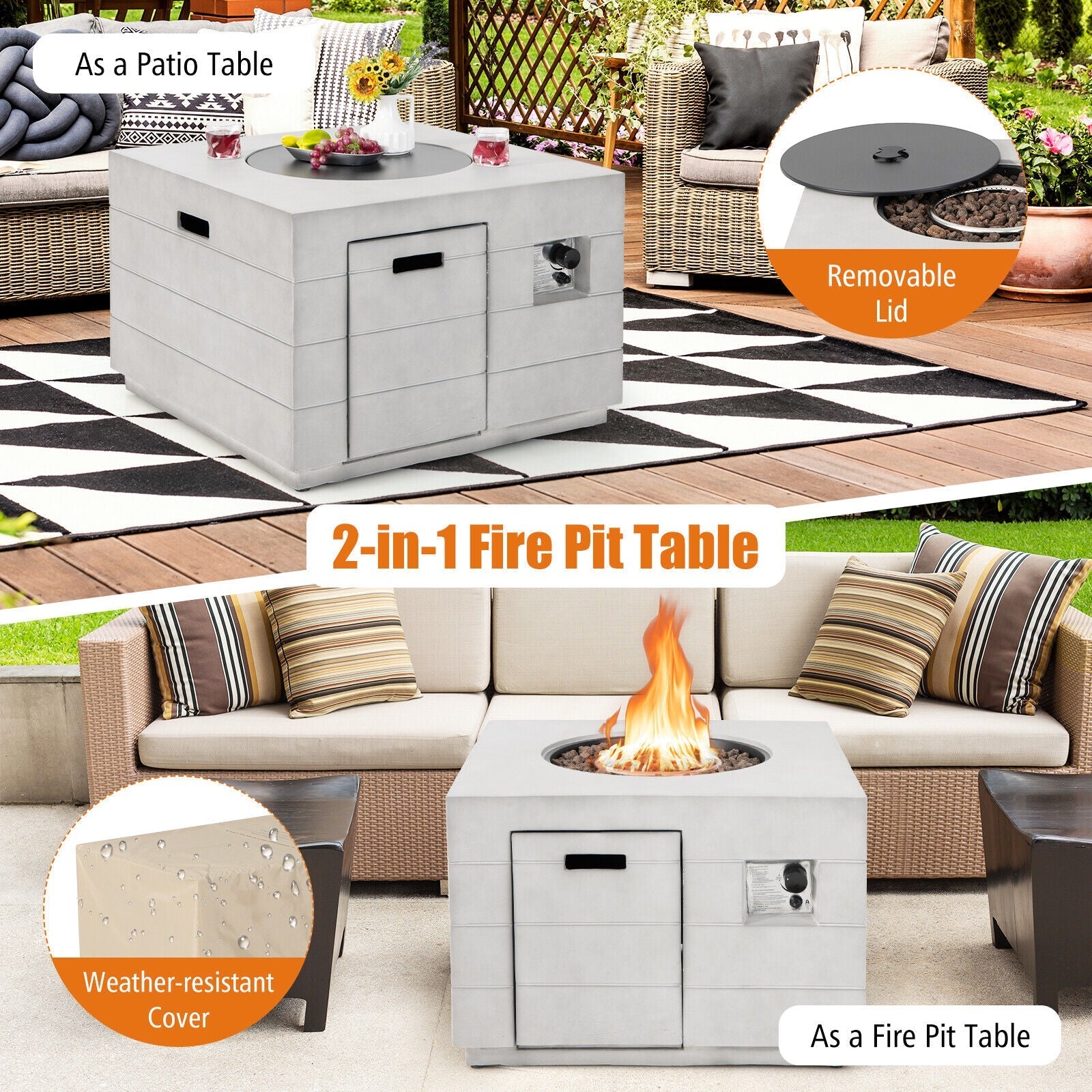 34 Inch Square Concrete Propane Fire Pit Table with Lava Rocks and Cover 50 000 BTU-Gray - The Vitality Estate