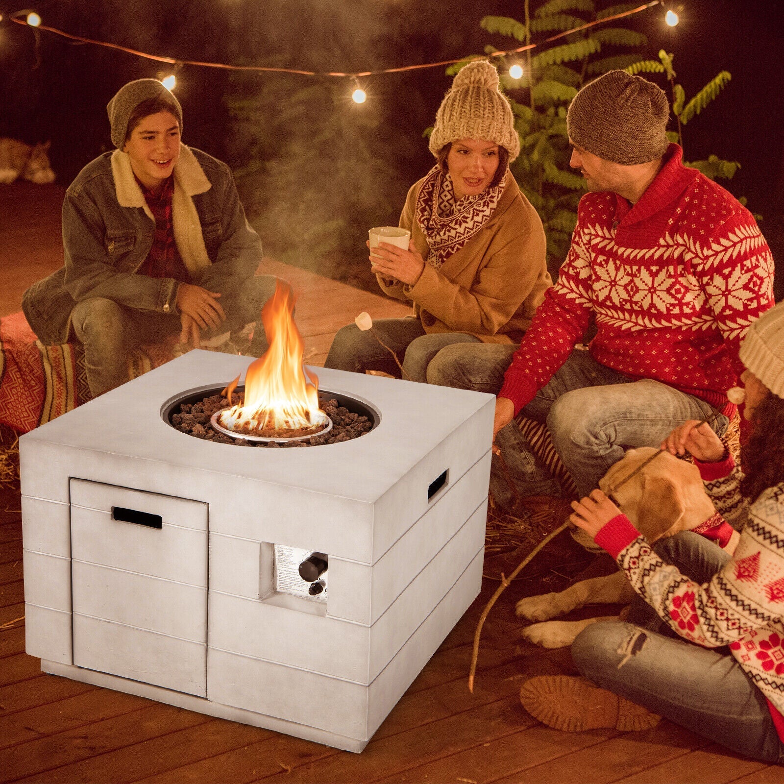 34 Inch Square Concrete Propane Fire Pit Table with Lava Rocks and Cover 50 000 BTU-Gray - The Vitality Estate