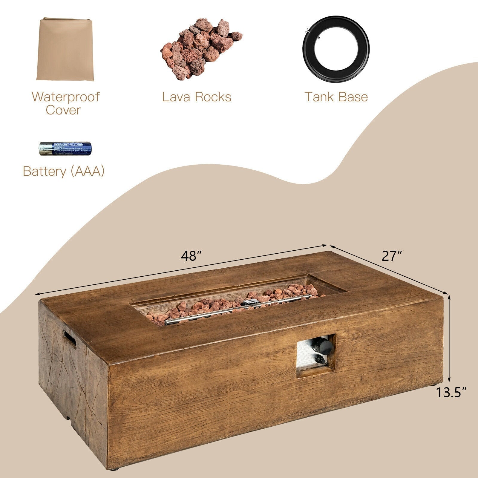 48 x 27 Inch Outdoor Gas Fire Pit Table 50 000 BTU with Lava Rocks and Cover - The Vitality Estate
