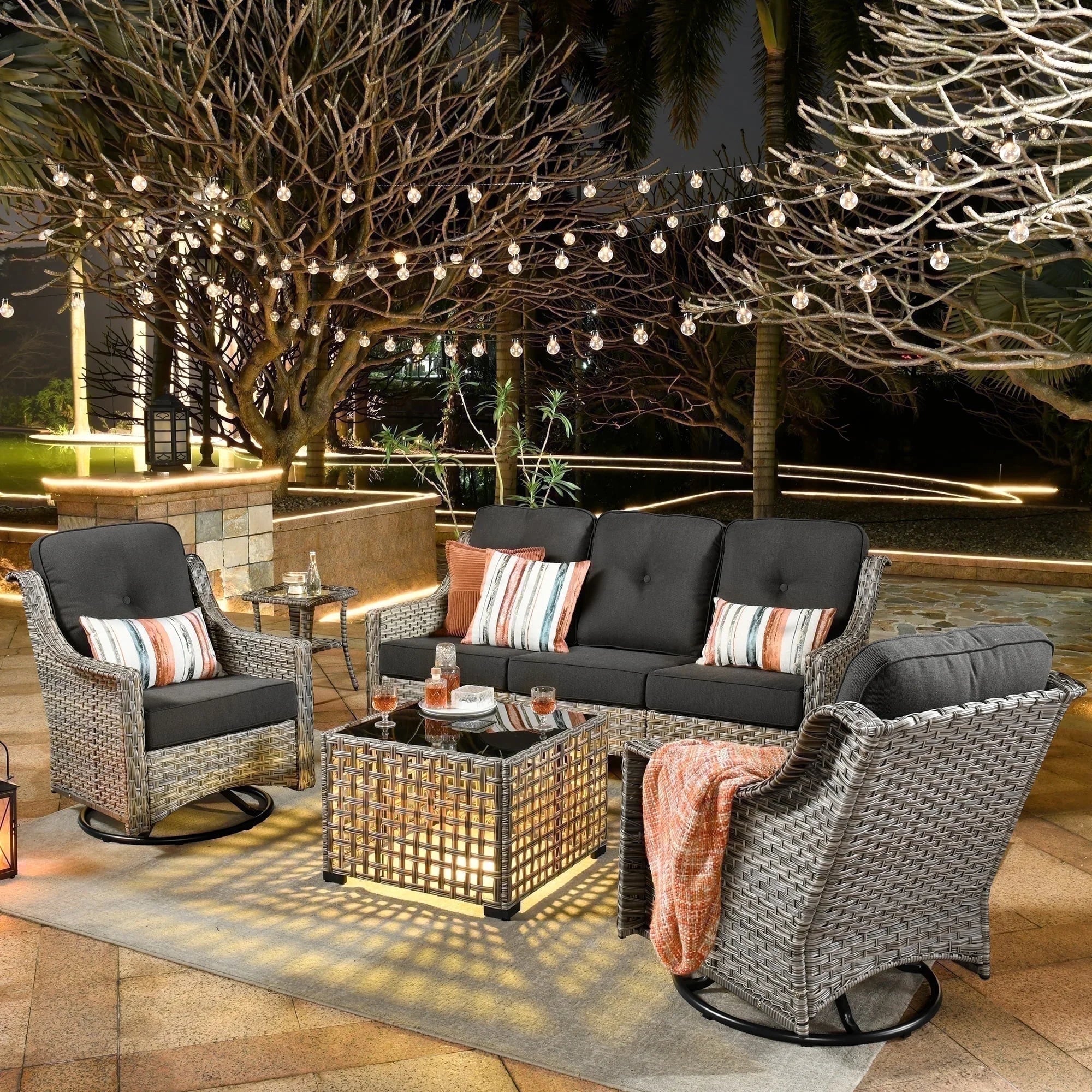 5 Pieces Outdoor Patio Furniture Set High-Back Rattan Wicker Conversation Set Outdoor Sectional with Swivel Chairs & Solar Light Coffee Table, Black - The Vitality Estate
