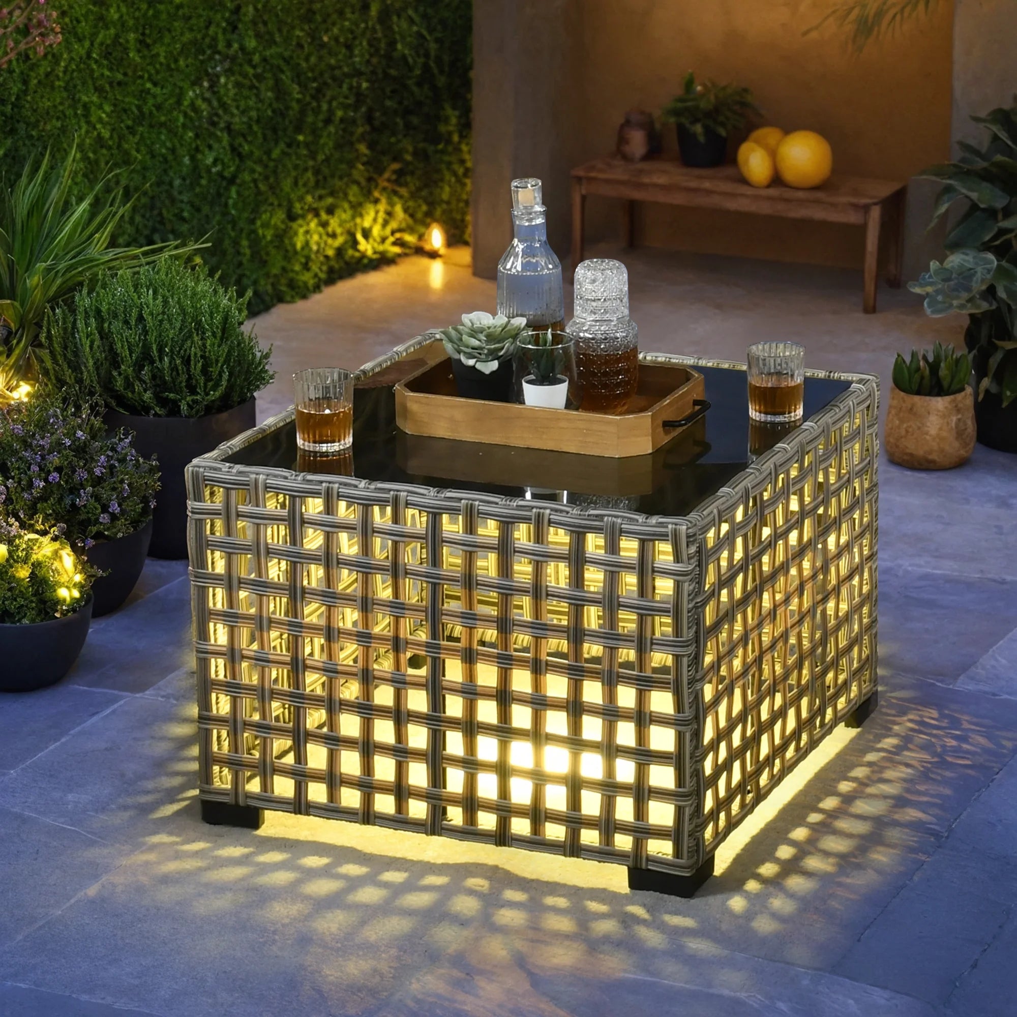 5 Pieces Outdoor Patio Furniture Set High-Back Rattan Wicker Conversation Set Outdoor Sectional with Swivel Chairs & Solar Light Coffee Table, Black - The Vitality Estate