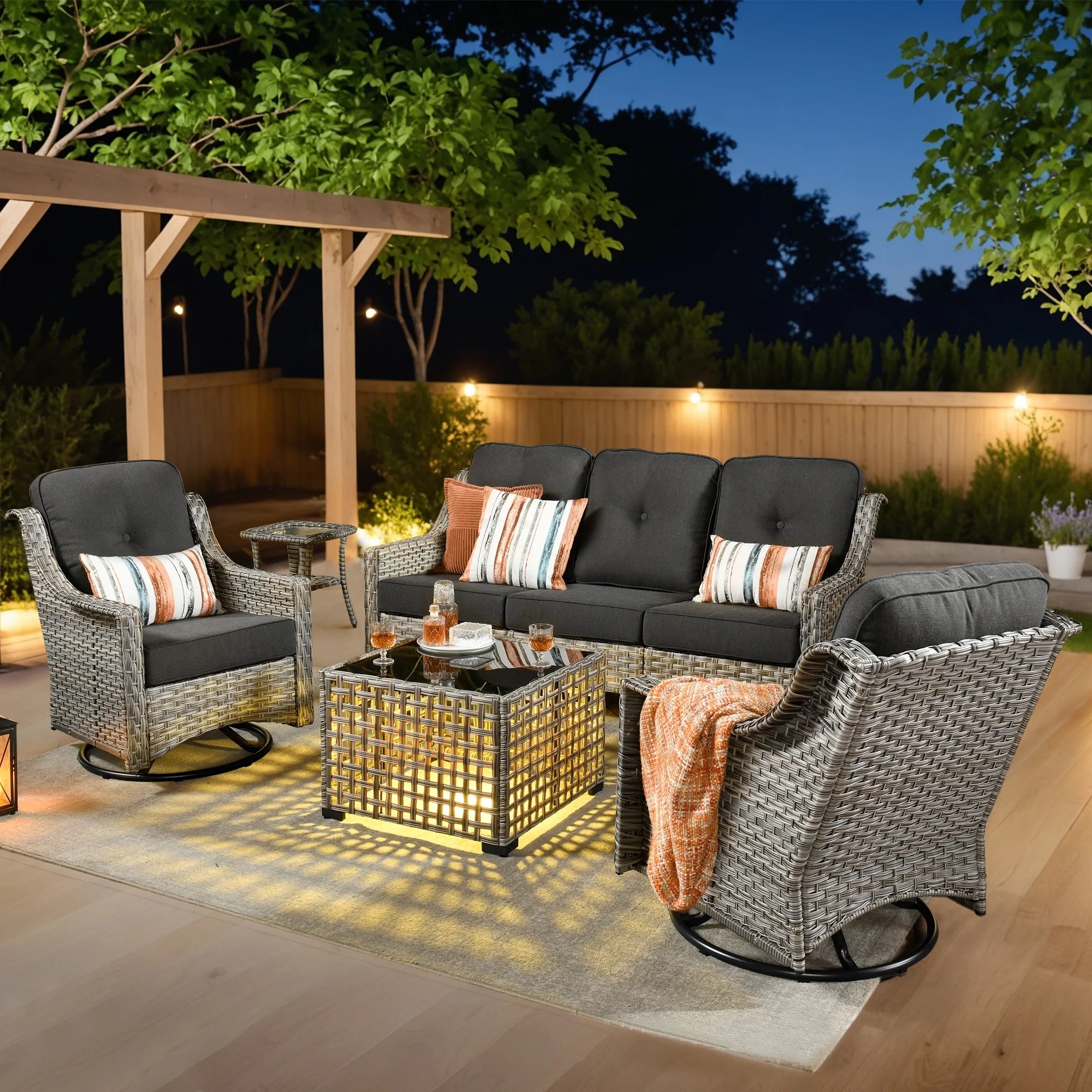 5 Pieces Outdoor Patio Furniture Set High-Back Rattan Wicker Conversation Set Outdoor Sectional with Swivel Chairs & Solar Light Coffee Table, Black - The Vitality Estate