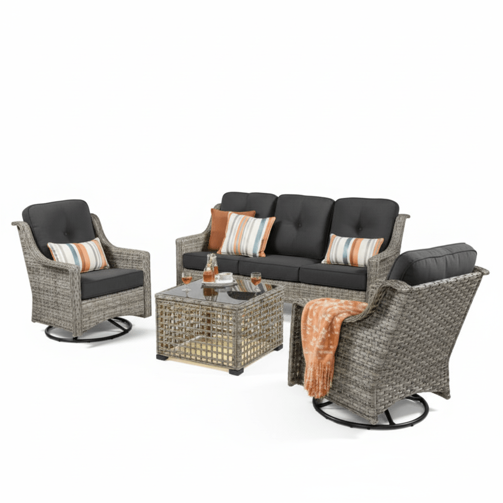 5 Pieces Outdoor Patio Furniture Set High-Back Rattan Wicker Conversation Set Outdoor Sectional with Swivel Chairs & Solar Light Coffee Table, Black - The Vitality Estate