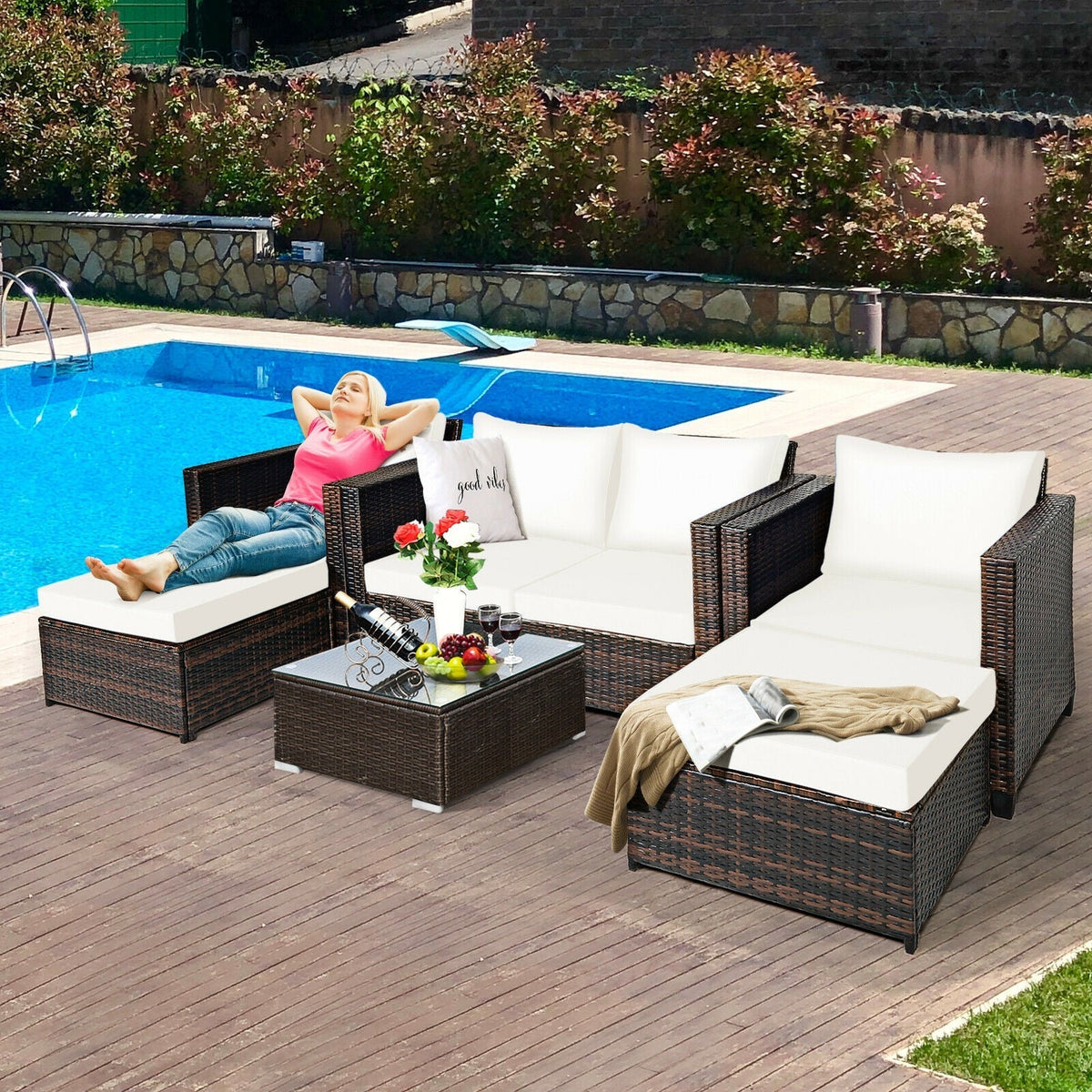 5 Pieces Patio Cushioned Rattan Furniture Set-White - The Vitality Estate