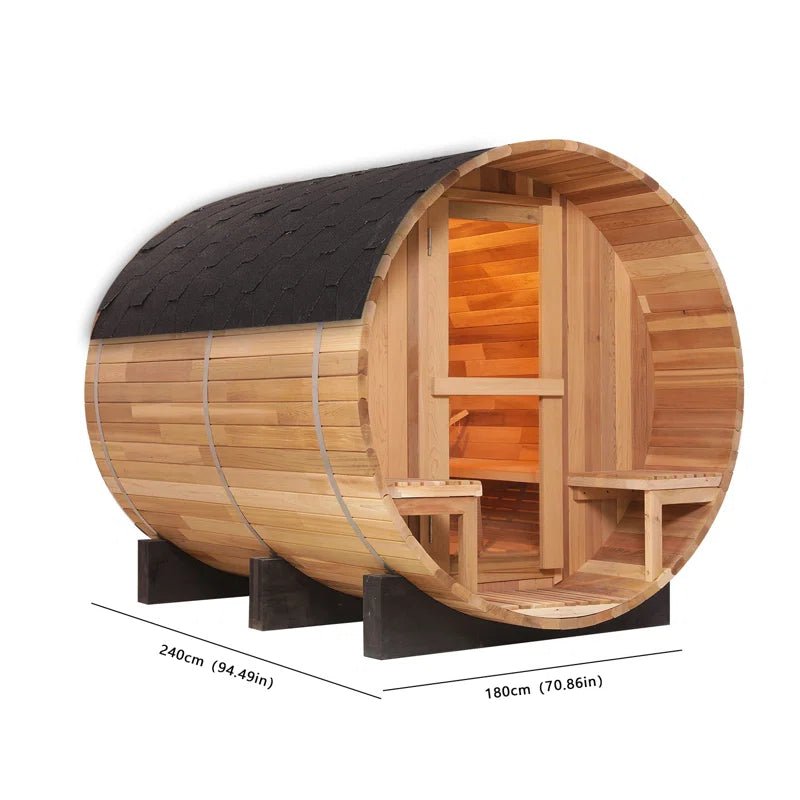 6-Person Patchworkred Cedar Traditional Steam Barrel Sauna - The Vitality Estate