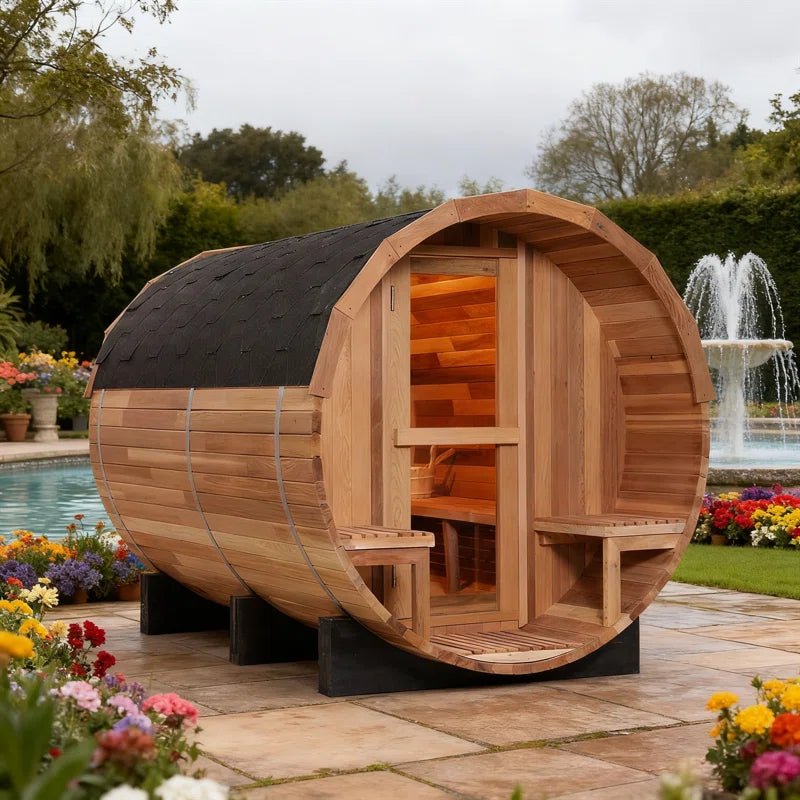 6-Person Patchworkred Cedar Traditional Steam Barrel Sauna - The Vitality Estate