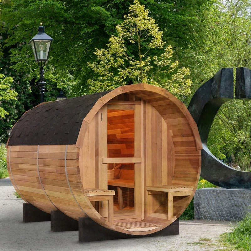 6-Person Patchworkred Cedar Traditional Steam Barrel Sauna - The Vitality Estate
