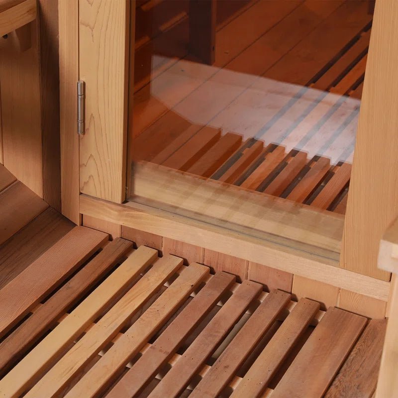 6-Person Patchworkred Cedar Traditional Steam Barrel Sauna - The Vitality Estate