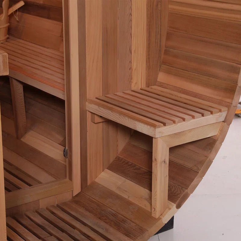 6-Person Patchworkred Cedar Traditional Steam Barrel Sauna - The Vitality Estate