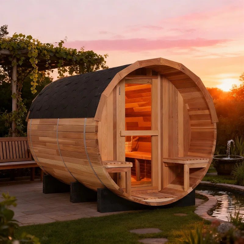 6-Person Patchworkred Cedar Traditional Steam Barrel Sauna - The Vitality Estate